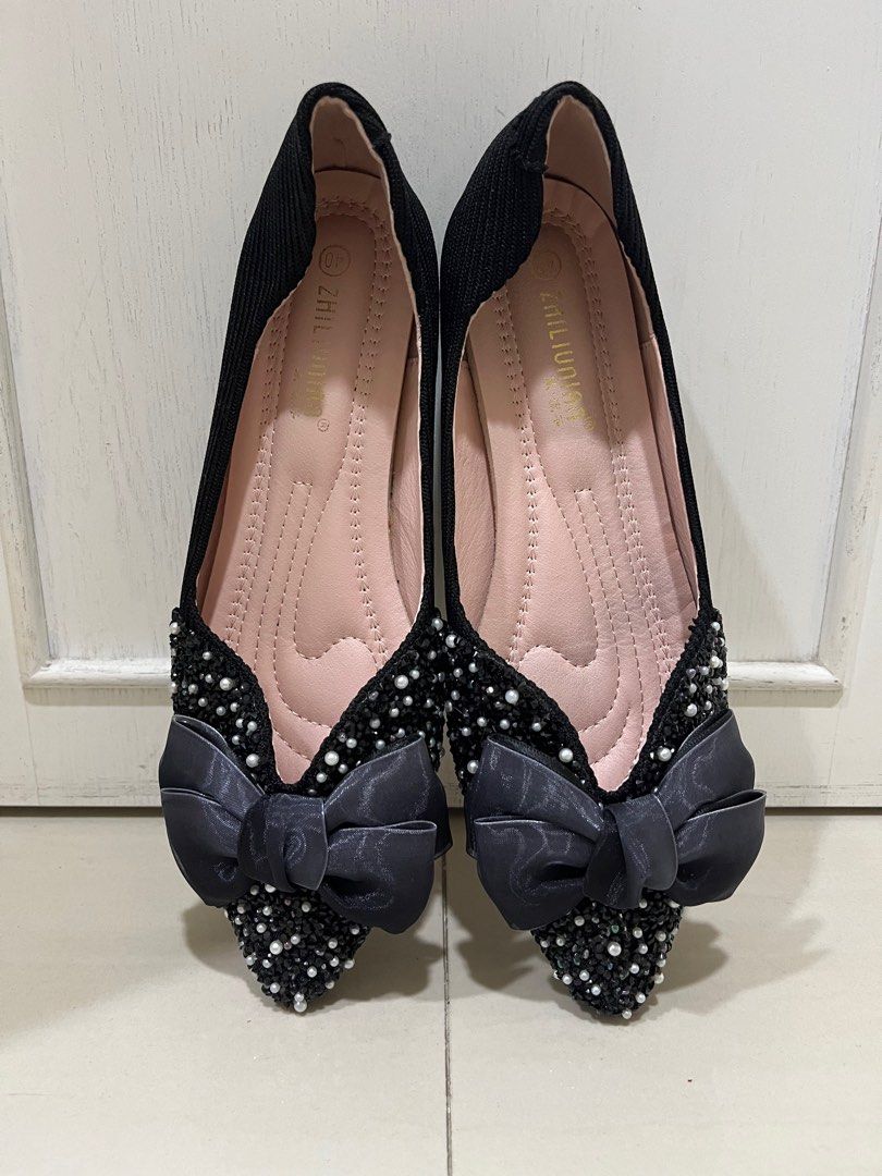 Beaded Bow Ribbon Black Flat Shoes Women s Fashion Footwear Flats on Carousell