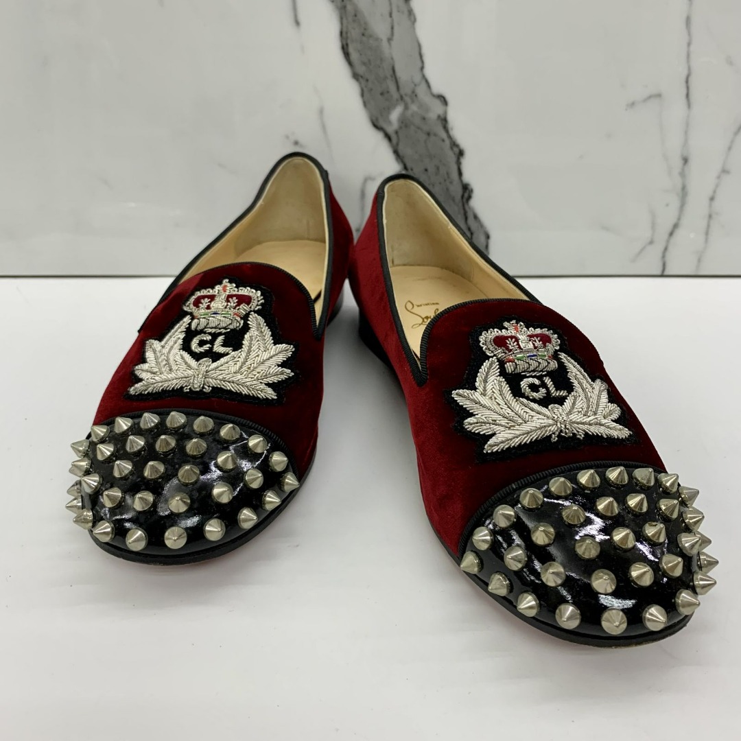 CHRISTIAN LOUBOUTIN RED VELVET STUDS 36 LOAFERS 247004802 KM
