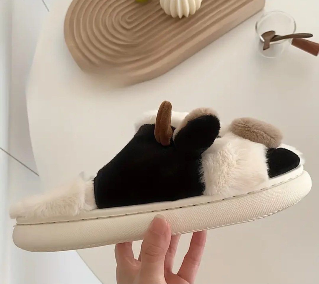 Cute Fluffy Cow Bedroom Indoor Slippers Sandals Sliders Women s