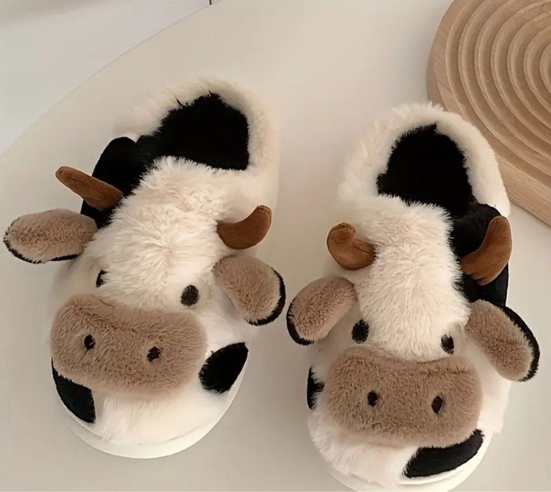 Cute Fluffy Cow Bedroom Indoor Slippers Sandals Sliders Women s
