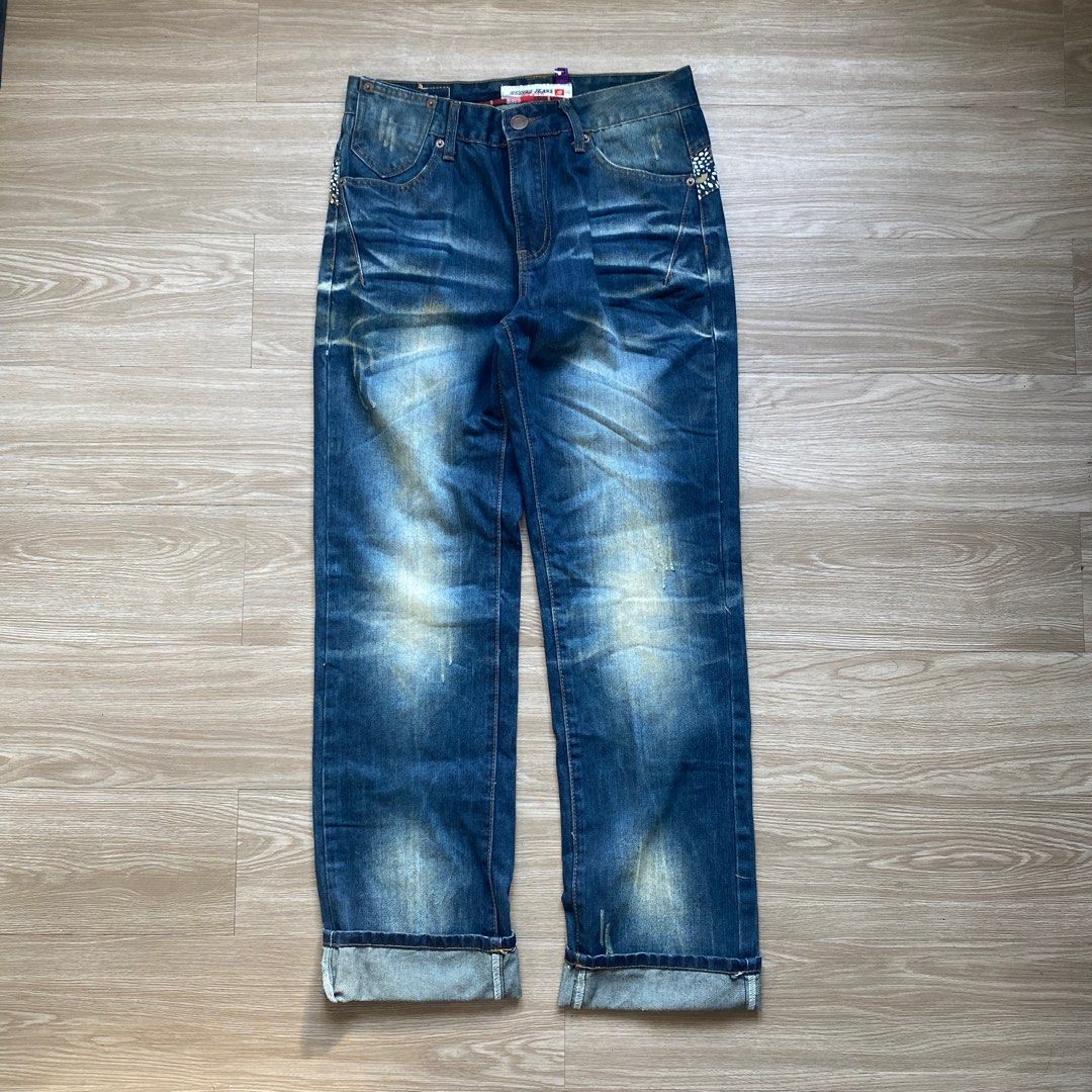Evisu Inspired Washed Jeans (Category: Jeans) located in Pakil. Submitted by sicko.stuff_ (Listing ID 1287781792, Image 2). Description: Waistline: 31-32 (15”) Full length: 42.5 Inseam: 32 Thigh: 10 Rise: 13 Leg opening: 8 Condition: Great.
