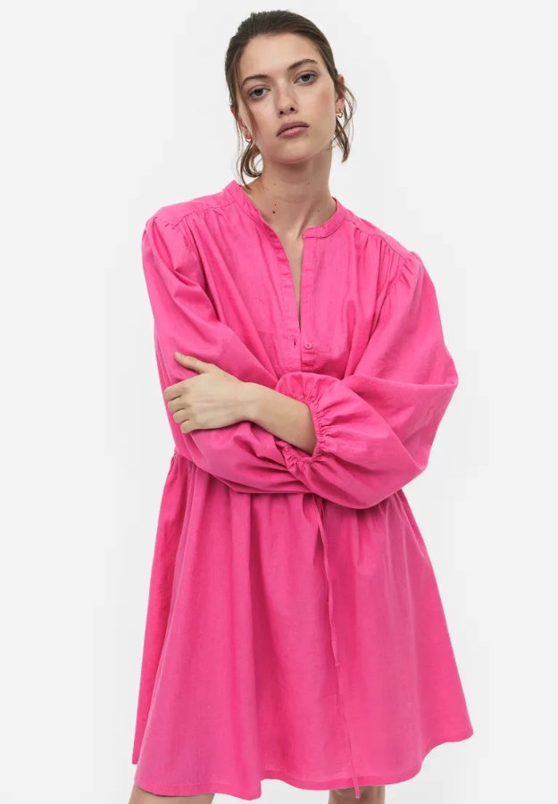 H&M Pink Linen Dress, Women's Fashion, Dresses & Sets, Dresses on Carousell