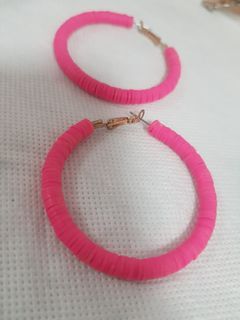 GREAT FOR THE BEACH: IMPORTED Hot pink Hoop Earrings - flat beads (comes in turquoise too!) - A009