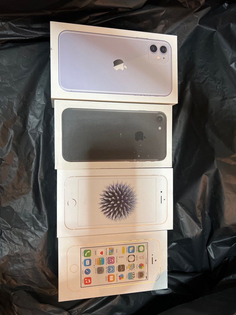 Iphone boxes (Category: Other Gadgets) located in Kuala Lumpur. Submitted by fifty-50 (Listing ID 1287815797, Image 2). Description: Iphone boxes to letgo if interested. - Iphone 11 (purple) - Iphone 7 (black) - Iphone 6 (gold) - Iphone 5s (rosegold) Take all for RM50.
