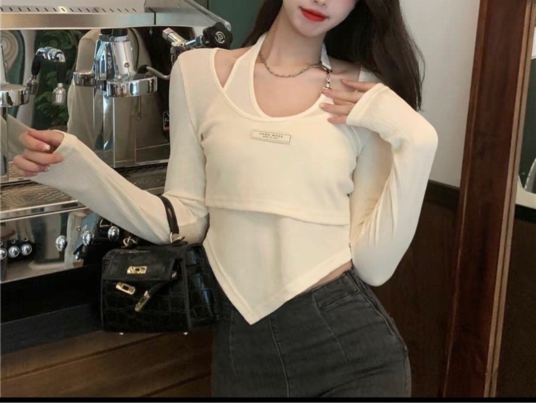SHEIN EZwear Off Shoulder Crop Teer, Suitable For Spring And Autumn