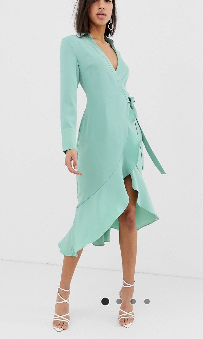 green emerald velvet dress Rent Lavish Alice Sage Green Asymmetric Bardot Wrap Ruffle Dress