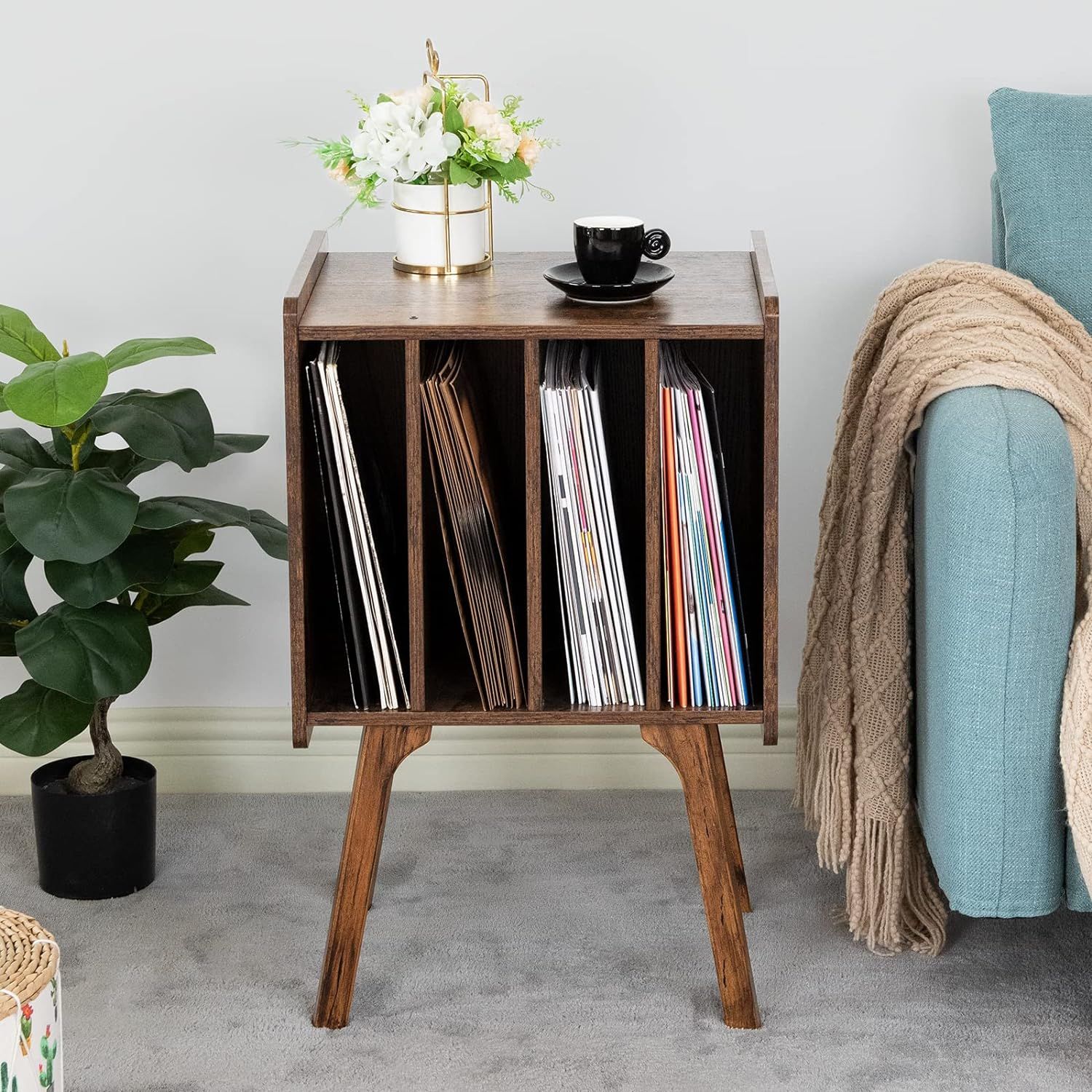 Support à 2 étages En Bambou Pour Tourne-disques Et Vinyles - Jusqu'à 100 Albums - Table D'appoint Multifonction