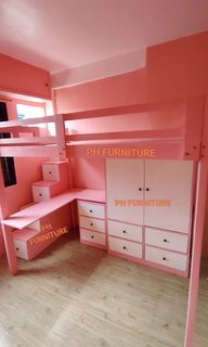 Loft bed with step drawer cabinet and L table
