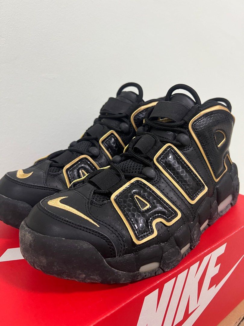 Nike air more uptempo black and gold best sale