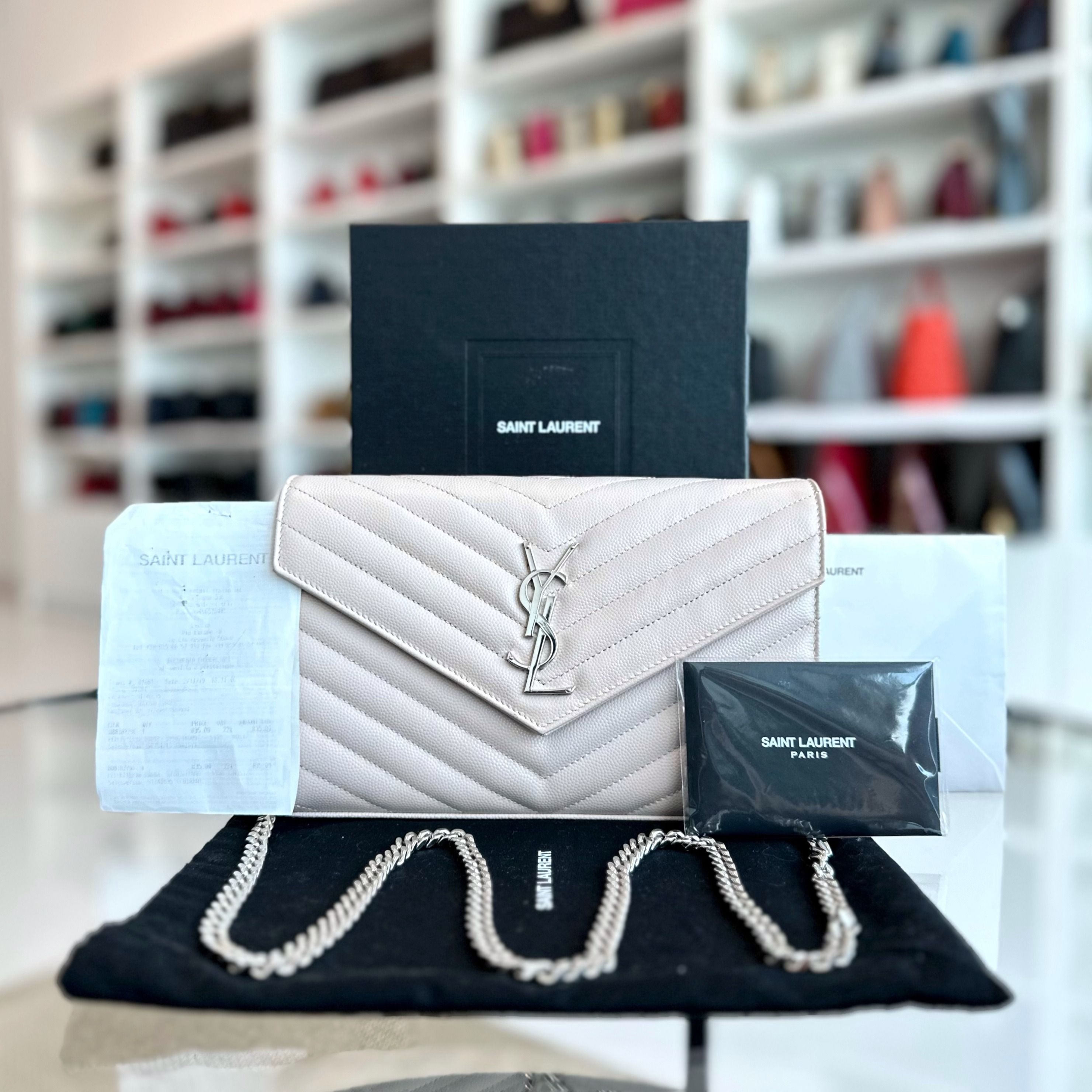 Receipt Full Set YSL Yves Saint Laurent WOC Wallet On Chain Chevron De Poudre Envelop Grained Calfskin Light Pink SHW