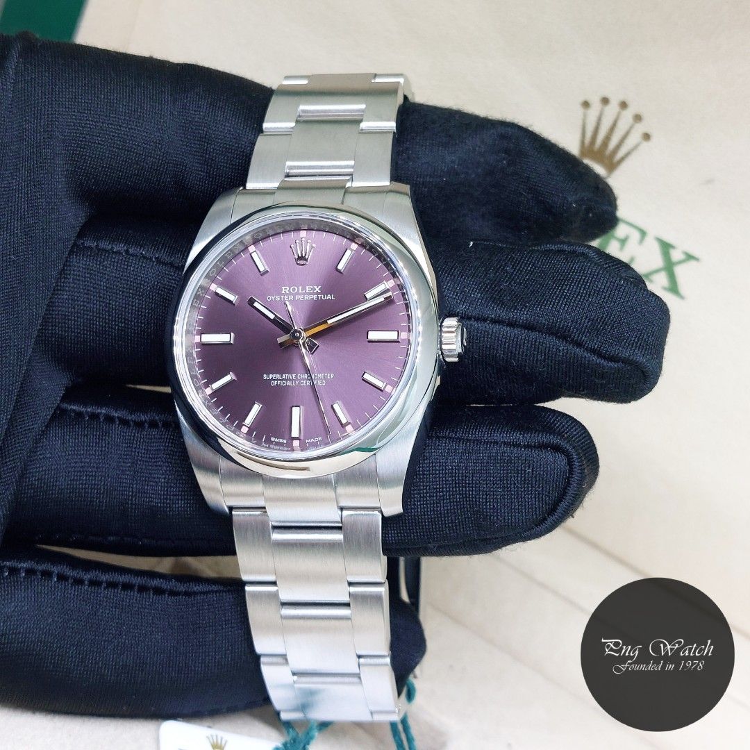 Rolex 34mm Purple Indexes Dial Oyster Perpetual REF 114200 2020 2