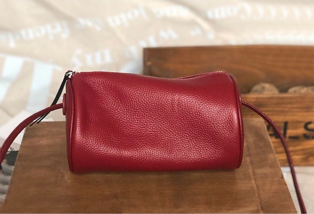 Round Cylinder Bag in Calf Leather Red Women s Fashion Bags