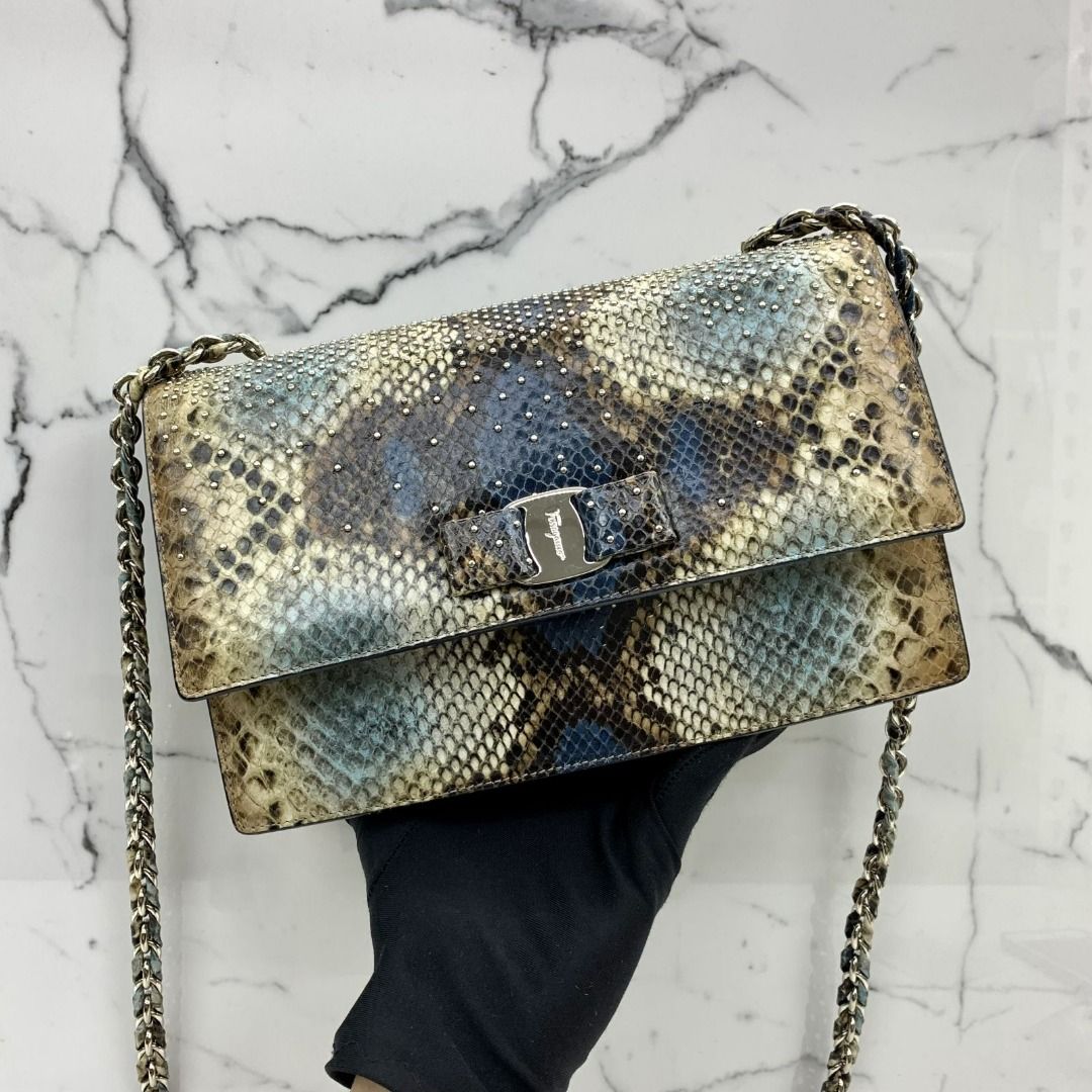 DISCOUNTED SALVATORE FERRAGAMO MULTICOLOUR PYTHON STUDS CHAIN SHOULDER BAG 247005592 KM