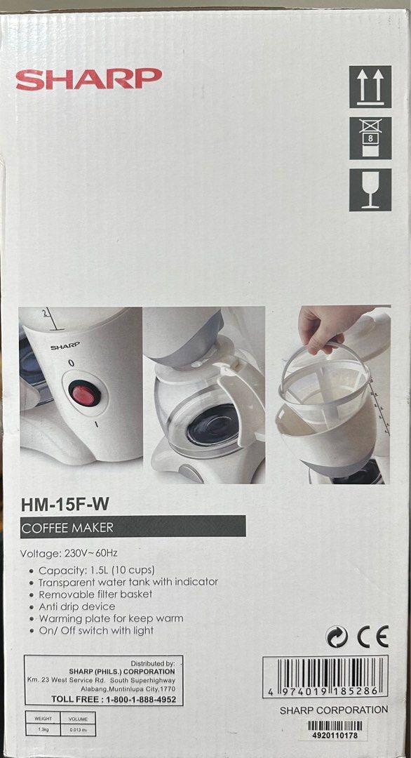 Sharp Coffee Maker 1.5L (Category: Coffee Machines & Makers) located in Mandaluyong City. Submitted by tipidhacksph (Listing ID 1287783552, Image 2). Description: Sharp Coffee Maker HM-15F-W Capacity 1.5 Liters (10 cups) Transparent Water Tank with Indicator Removable Filter Basket RFS: raffle prize Delivery fee not included .
