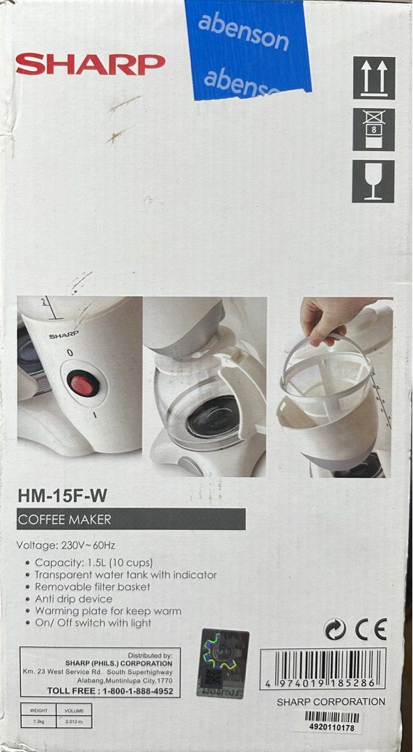 Sharp Coffee Maker 1.5L (Category: Coffee Machines & Makers) located in Mandaluyong City. Submitted by tipidhacksph (Listing ID 1287783552, Image 3). Description: Sharp Coffee Maker HM-15F-W Capacity 1.5 Liters (10 cups) Transparent Water Tank with Indicator Removable Filter Basket RFS: raffle prize Delivery fee not included .