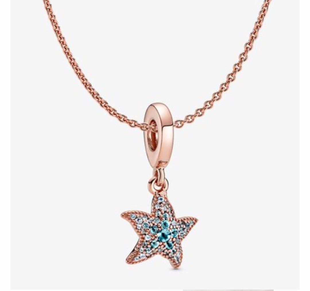 Sparkling sea starfish dangle charm 14k rose gold plated unique