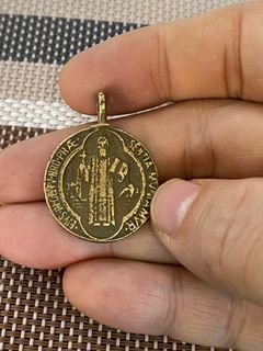 st.benedict medalyon necklace st. benedict medallion pendant brass anting anting original rare pendant - check photos