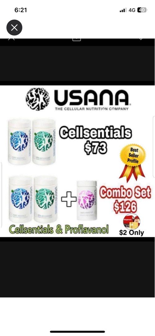 Usana Cellsentials (Category: Vitamins & Supplements) located in Singapore. Submitted by unbelievably (Listing ID 1287788998, Image 1). Description: biomega $35 magnecal D $30 Procosa $50 Prenatal cellsentials $80 USanimals $25 Proflavanol c100 $58 Estropro $35 Copaprime $50 Visionex $44 Hepasil $50 Poly C $30 Coq 30 $58 Coq 100 $70 Probiotic $36 Digestive $36.