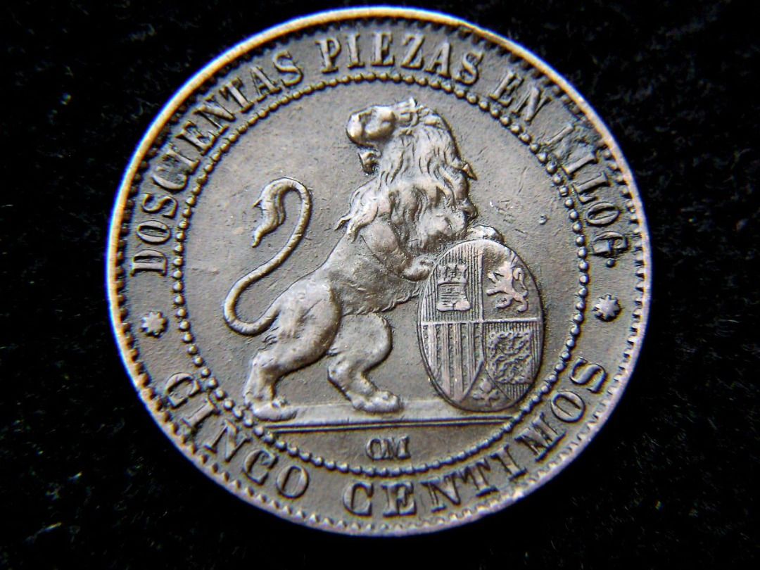 西班牙銅幣-1870年西班牙臨時共和雄獅國徽盾牌及共和女神坐像5仙銅幣, 女裝, 飾物及配件, 吊飾- Carousell