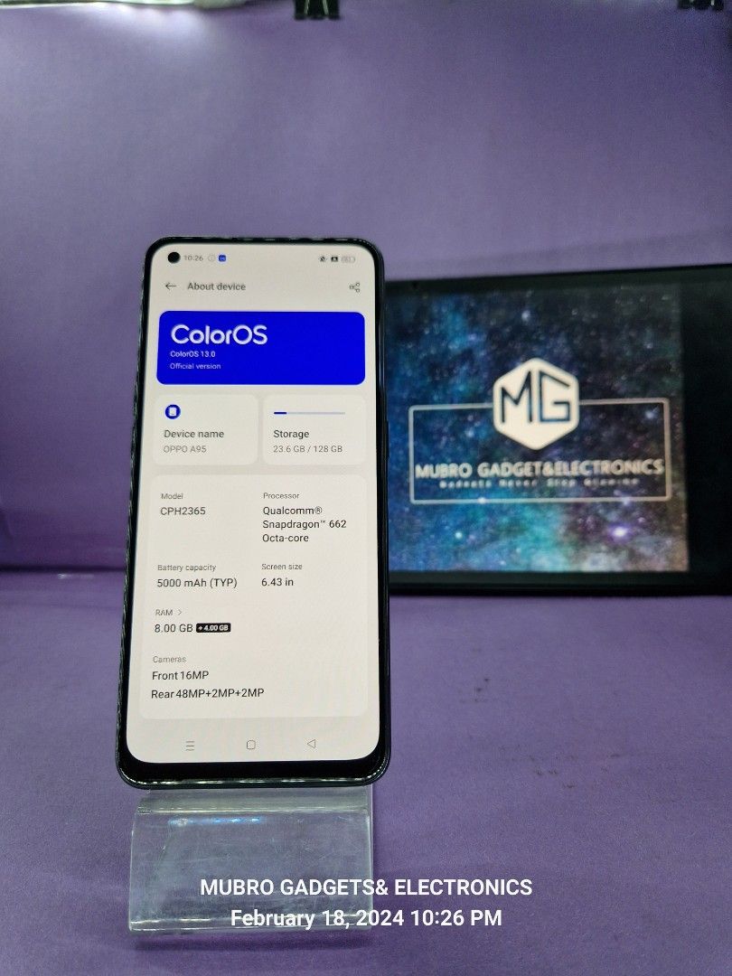 4999 (Category: OPPO) located in Quezon City. Submitted by mubrogadgets (Listing ID 1288044519, Image 3). Description: SUPER SALE!!! 4999 pesos only 🔥OPPO A95 ❤️ for sale or swap 💗no issue 🎮gaming phone 📷super linaw ng camera ➡️Qualcomm SM6115 Snapdragon 662 (11 nm) • 128gb/8gb • NTC • 5000 mahh • 3 days Store Warranty ✅DIRECT 2ND HAND SUPPLIER. ✅Wholesale/Reseller Price ✅️MEET UP ✅Store Pick Up & Store Rider delivery Only ✅COD & COP(with Shi