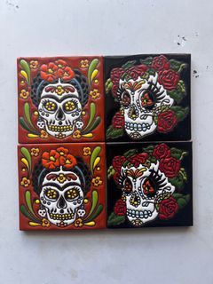 4pcs Ceramic Mexican Tiles / Coasters 10.5cm x 10.5cm (Frida Kahlo Skull Day of The Dead Design)
