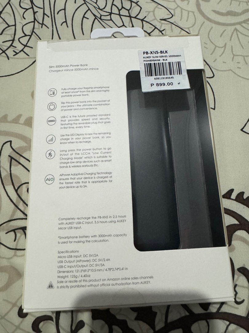 Aukey Slim Powerbank 5000mAh (Category: Batteries & Power Banks) located in Cavite. Submitted by jaybee28 (Listing ID 1288044591, Image 2). Description: AUKEY PB-XN5 5000mAh USB C Slim PowerBank iPhone 12/ iPhone 12 Pro Max, Galaxy S21 and more.