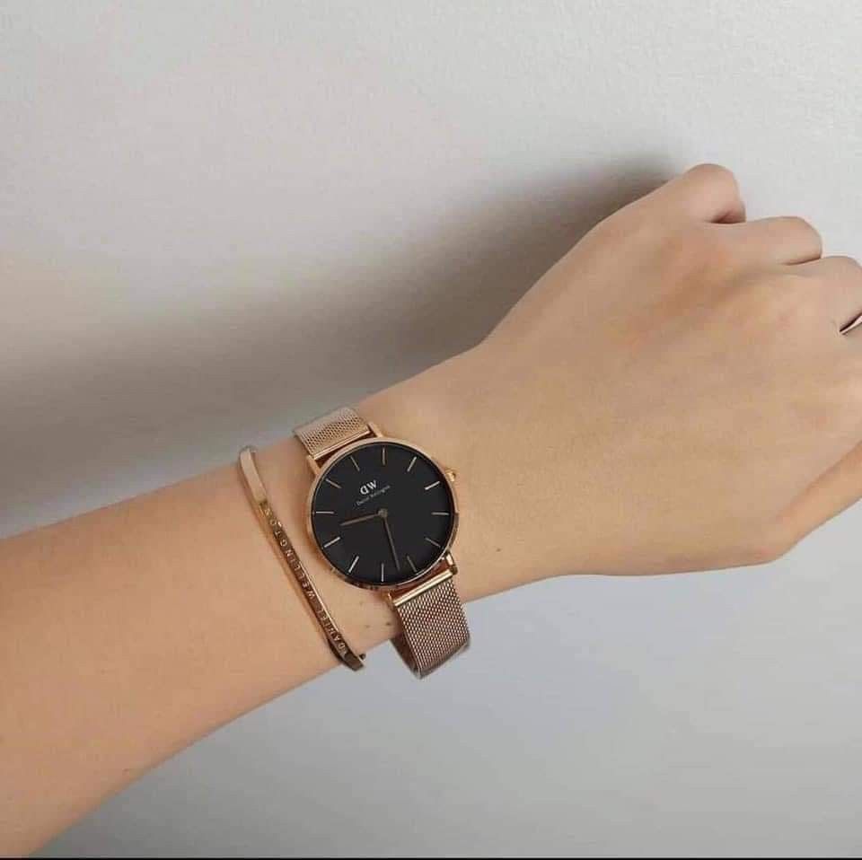 DANIEL WELLINGTON Rosegold Tone Mesh strap watch with cuff Bangle set Women s Fashion Watches Accessories Watches on Carousell
