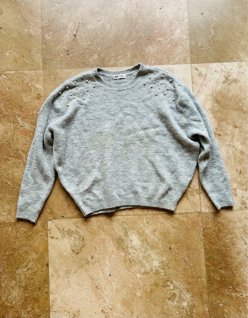 H M Girl s Gray Sweater Pearl Detail Babies Kids Babies Kids Fashion on Carousell