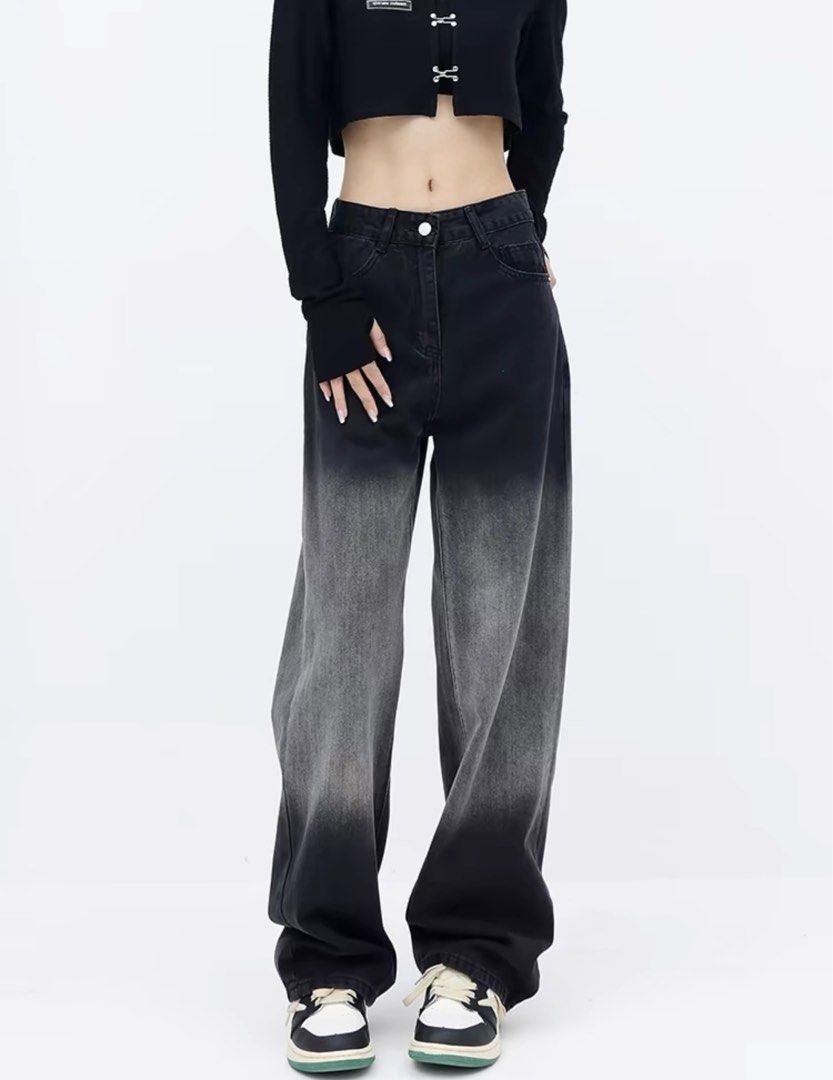 Korean Two Toned Washed Wide Leg Black Jeans, Women's Fashion