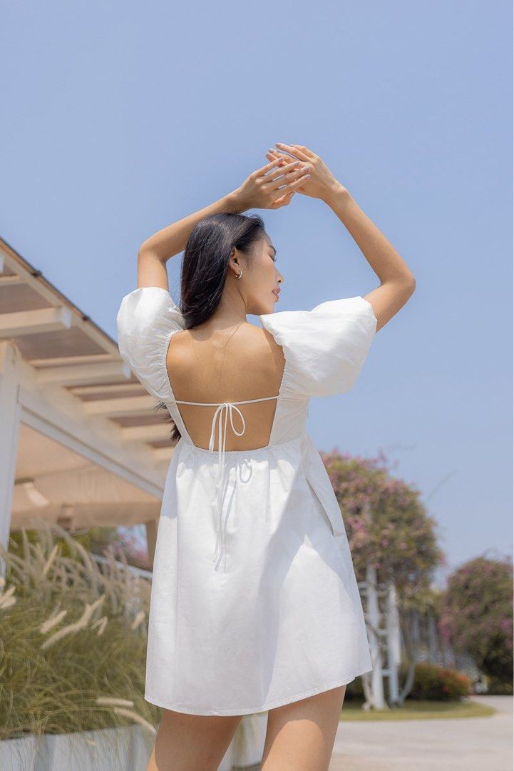 LOVET SHERRY BUBBLE SLEEVE TIE-BACK PADDED BABYDOLL DRESS (WHITE - Main Image