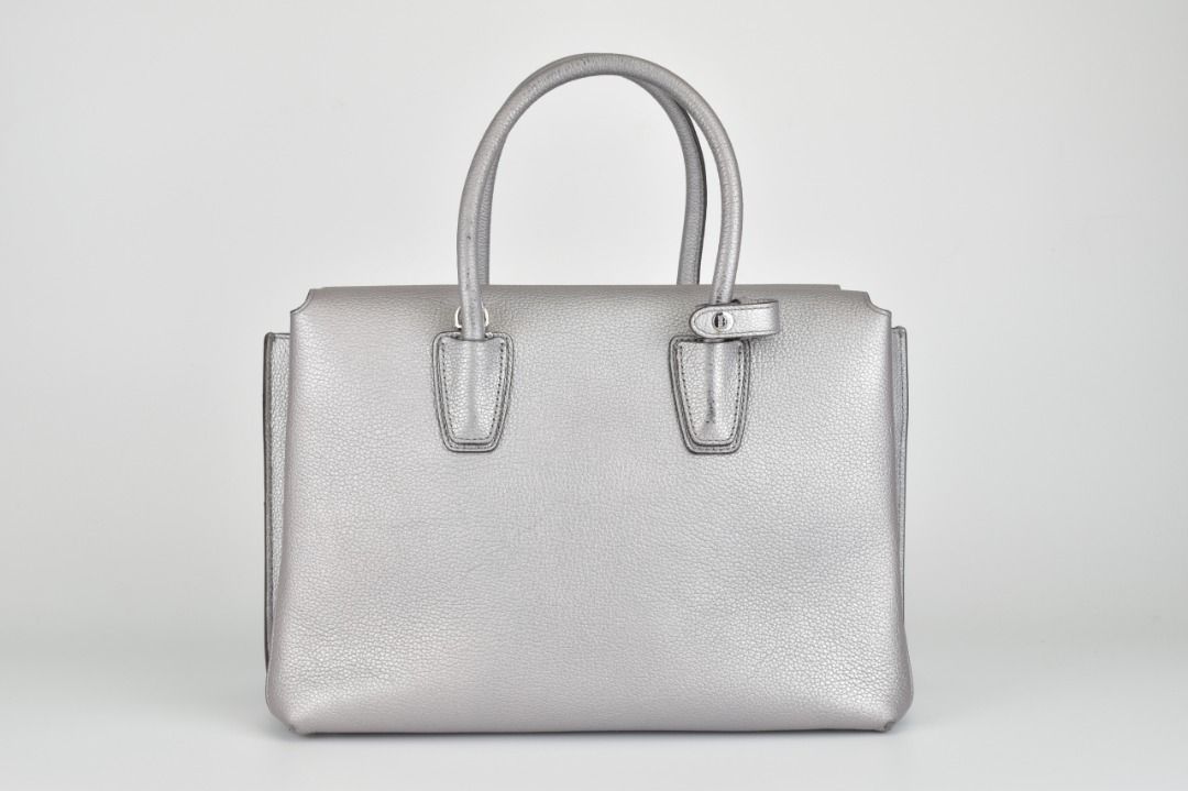 MCM Medium Milla Tote in Silver Grained Leather