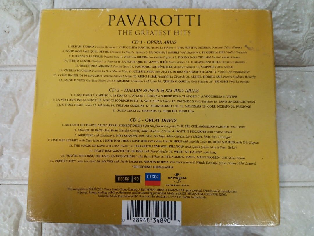 Pavarotti The Greatest Hits 3cd collection (Category: CDs & DVDs) located in Manila. Submitted by ayinong0453384 (Listing ID 1287982162, Image 2). Description: item is in excellent condition sealed pm for order.