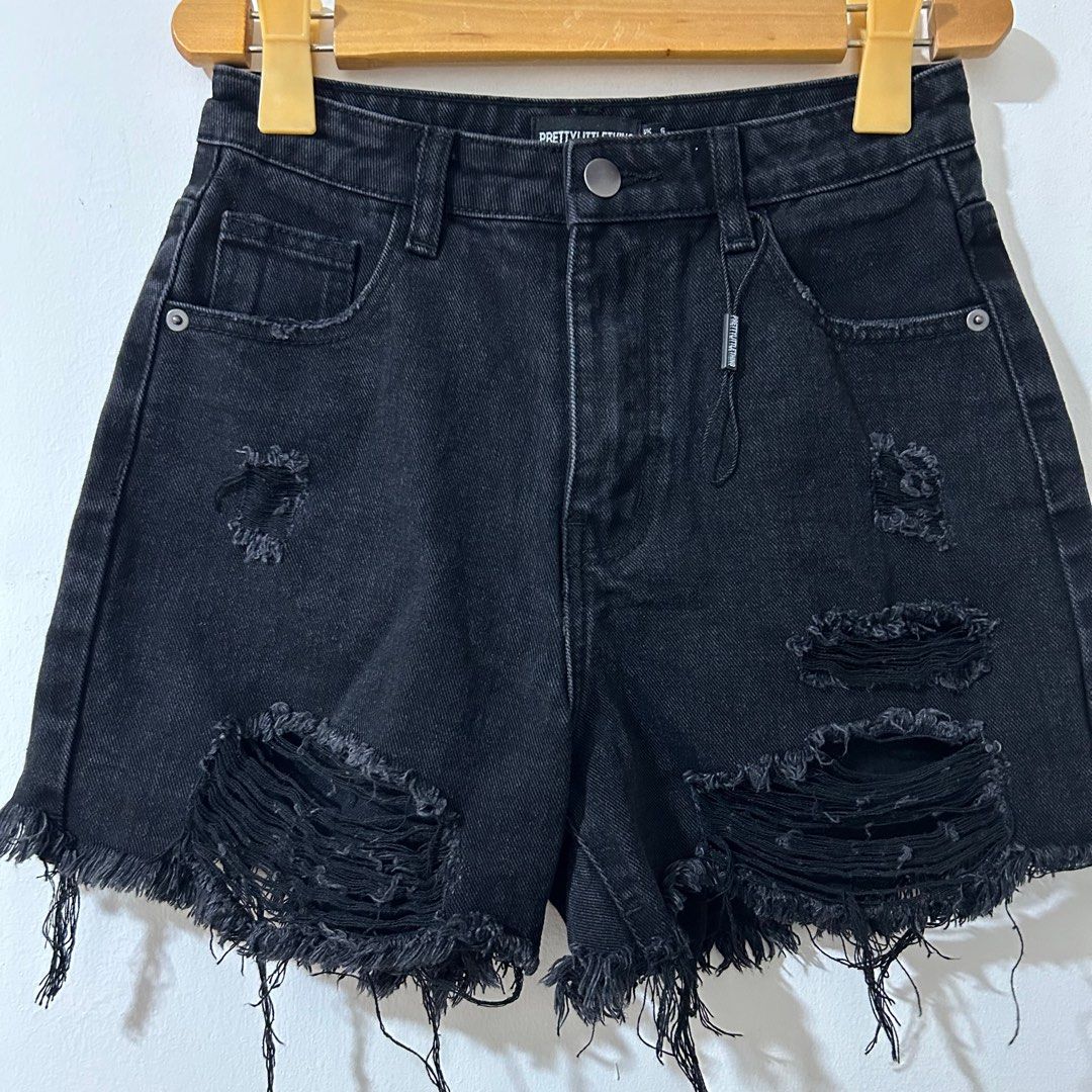 PRETTYLITTLETHING High Waist Washed Black Distressed Ripped Denim