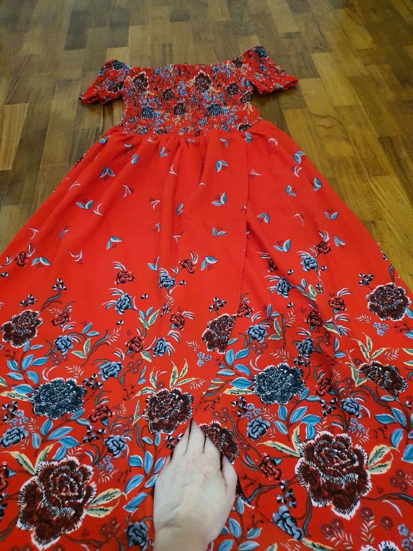 Red Floral Dress front short back long off shoulder