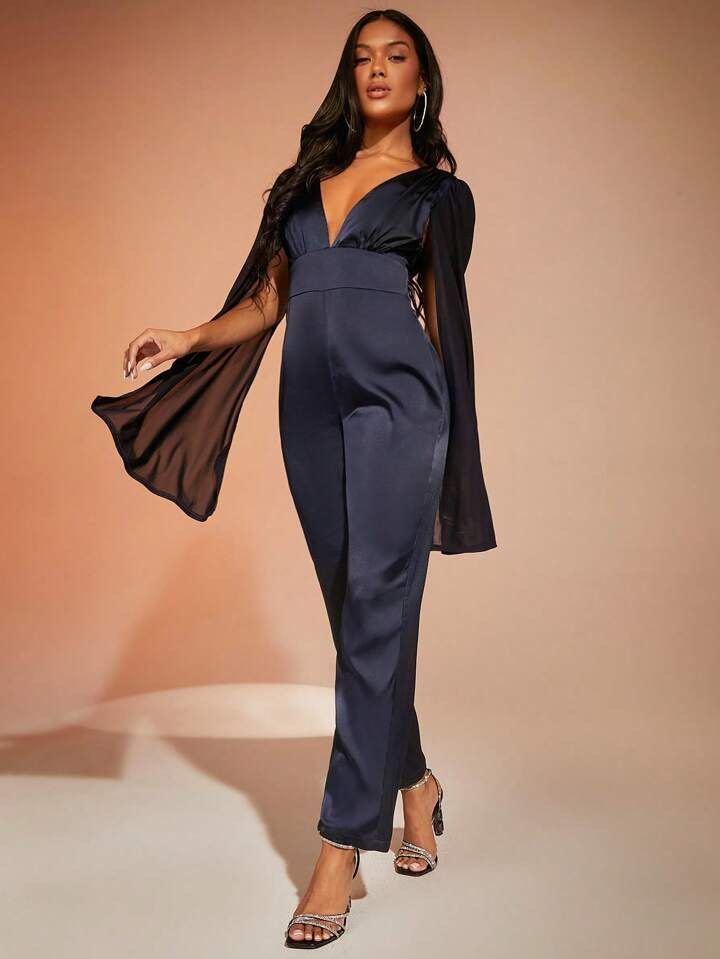 Plunging neck sale cloak sleeve jumpsuit