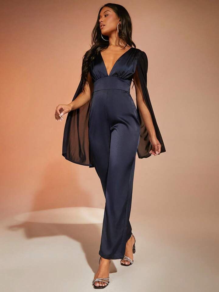 Plunging neck sales cloak sleeve jumpsuit