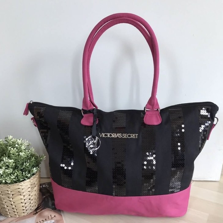 Victoria secret black and pink tote bag discount