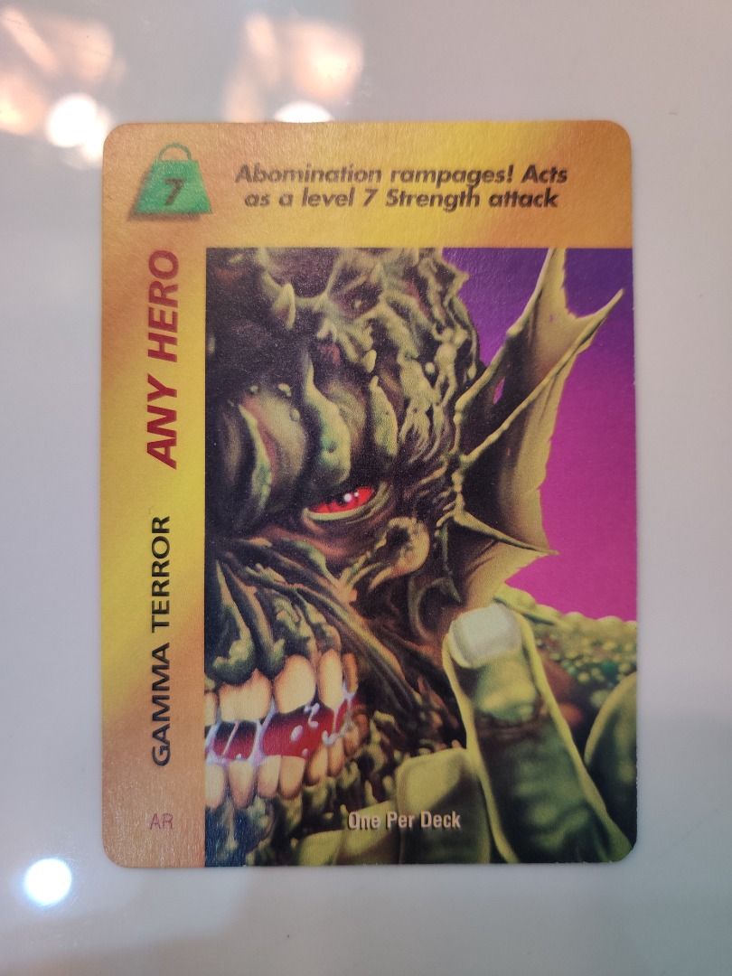 1995 Fleer Marvel OverPower CardGame Gamma Terror Abomination (Category: Raw Singles) located in Kawit. Submitted by ryuko.matoi (Listing ID 1283664138, Image 1). Description: 1995 Fleer Marvel OverPower CardGame Gamma Terror Abomination No reply means not interested No trade/swaps No reservation MOP - BDO & Cash Pick up location: Rosedale Residences, Barangay San Sebastian, Kawit Cavite..