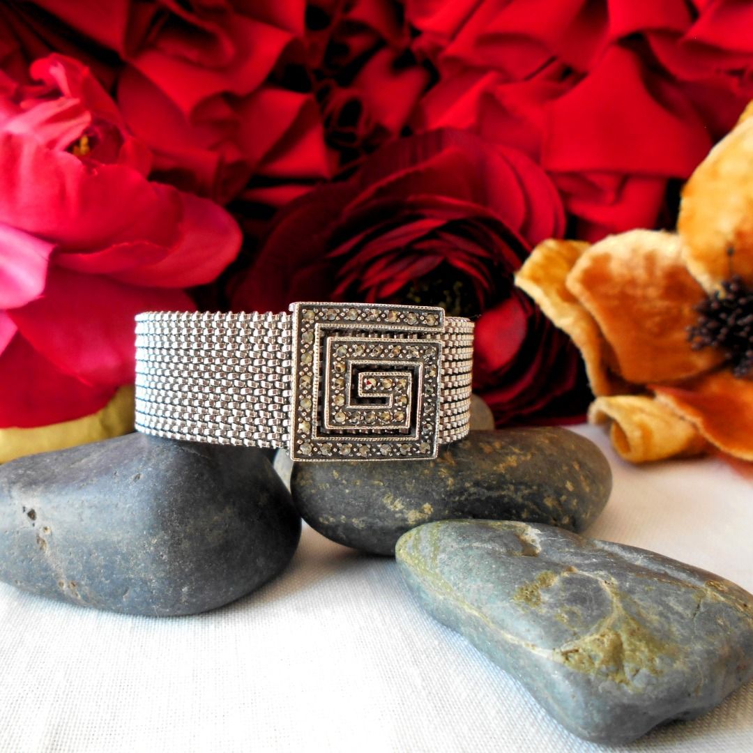Authentic 925 Silver Marcasite Medallion Work Party Wedding Cocktail Bracelet Bangle Cuff Free Size