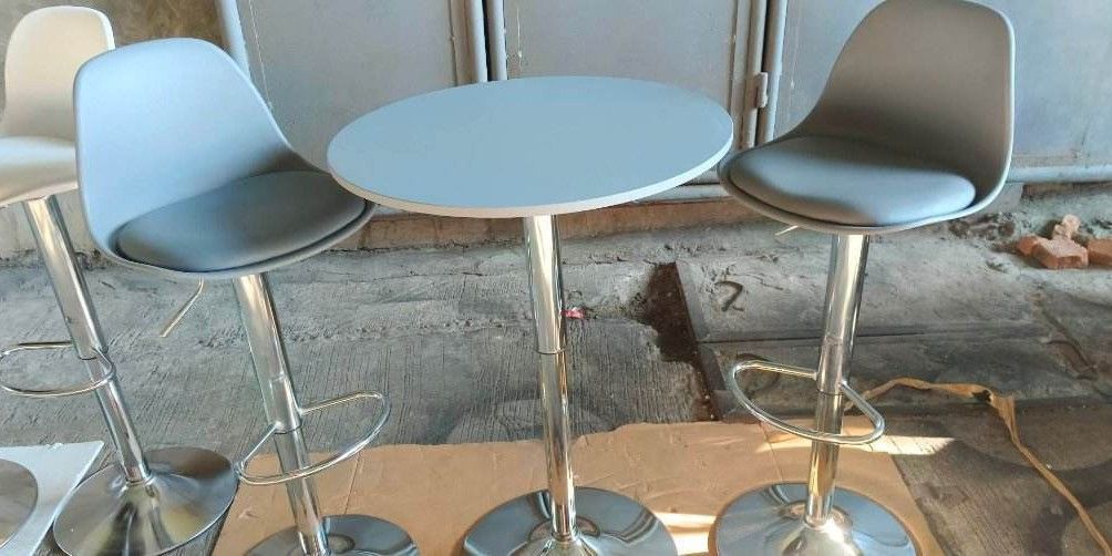 BAR TABLE + 2 STOOLS SET (Category: Tables & Sets) located in Makati City. Submitted by gineth24 (Listing ID 1283658705, Image 3). Description: Bar table +2 stool Set- 6,800 Bar table colors available Grey, white, black Padded stool Grey, White, black Bar table only - 3,500.