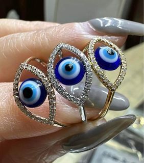 Evil Eye Diamond Ring 0.14ct Natural Diamond Amber gemstone