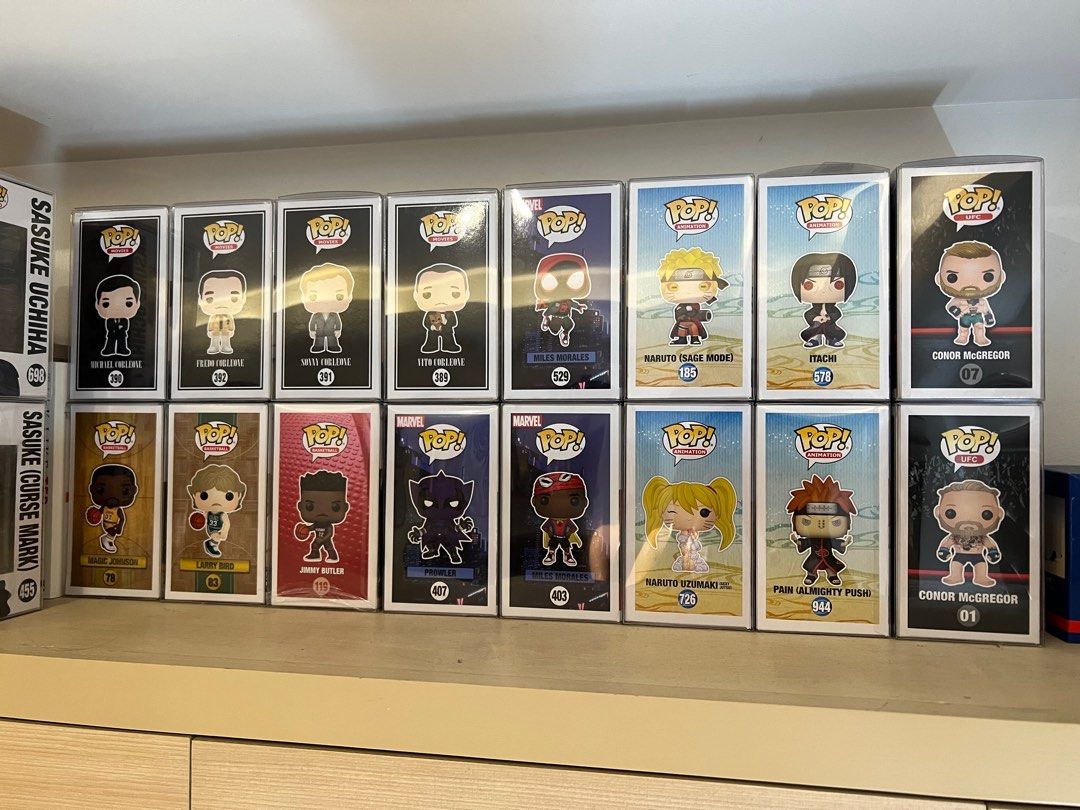 Funko pops (Category: Designer & Blind Box Toys) located in Cainta. Submitted by cyrsdlcrz (Listing ID 1283669929, Image 1). Description: Funko pops for sale The Godfather OG Set of 4 - 10,000 Vito Corleone - 2500 Larry Bird - 1100 Magic Johnson - 700 Jimmy Butler - 700 Chris paul - 700 Space Jam lebron - 700 Naruto Sexy Jutsu BL- 2000 Itachi AE - 1600 Sasuke Curse LCEE - 2000 Adult Sasuke SS - 800 Conor McGregor Set of 2 - 5000 Spiderverse Set o