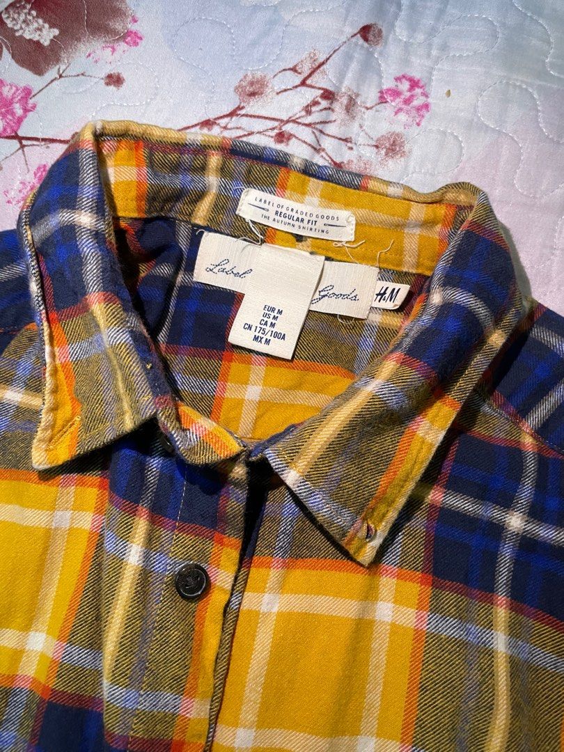 H M Yellow Plaid Flannel Long Sleeve Shirt Men s Fashion Tops