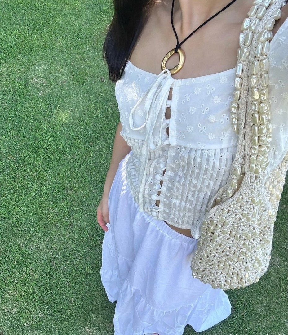 Just because studio lila top white button tie off shoulder (Category: Blouses) located in Baguio. Submitted by sunbe4m (Listing ID 1283656179, Image 2). Description: used once only removed the label cause it was irritating my skin.