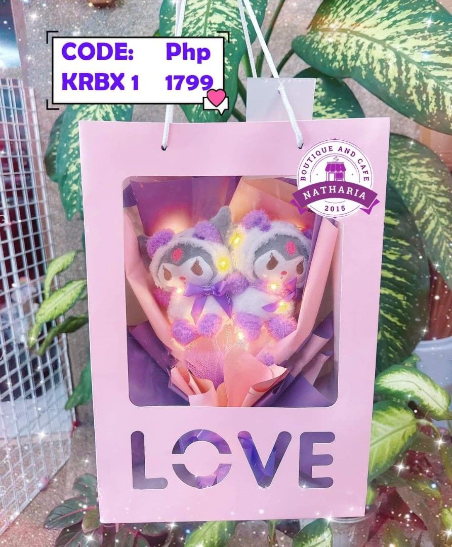 Kuromi Cinnamoroll Flower Bouquet (Category: Flowers & Bouquets) located in Bulacan. Submitted by nathariashoppe (Listing ID 1283738936, Image 3). Description: 📌CNBX 1 1299 Includes: 2pcs Cinamoroll , 1 lights , 1 dried flower set, 1 Transparent Box w/ Handle. 📌 KMBX 1 1299 Includes: 2pcs Kuromi , 1 lights , 1 dried flower set, 1 Transparent Box w/ Handle. 📌CNBX 2 899 Includes: 1pc Cinamoroll , 1 lights , 1 dried flower set, 1 Transparent Box 