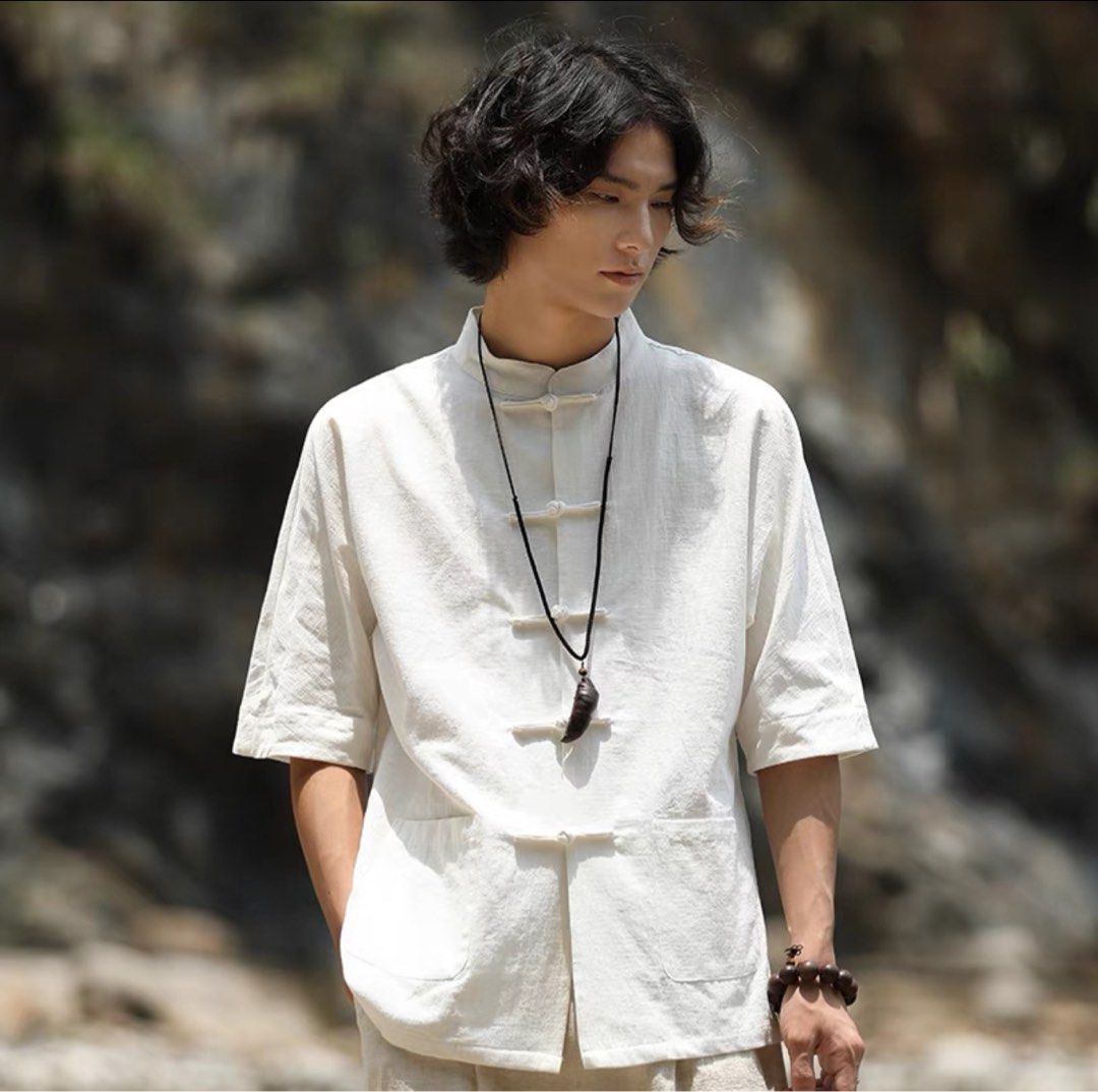 Men Cheongsam top in white 3/4 sleeve traditional ethnic wear size