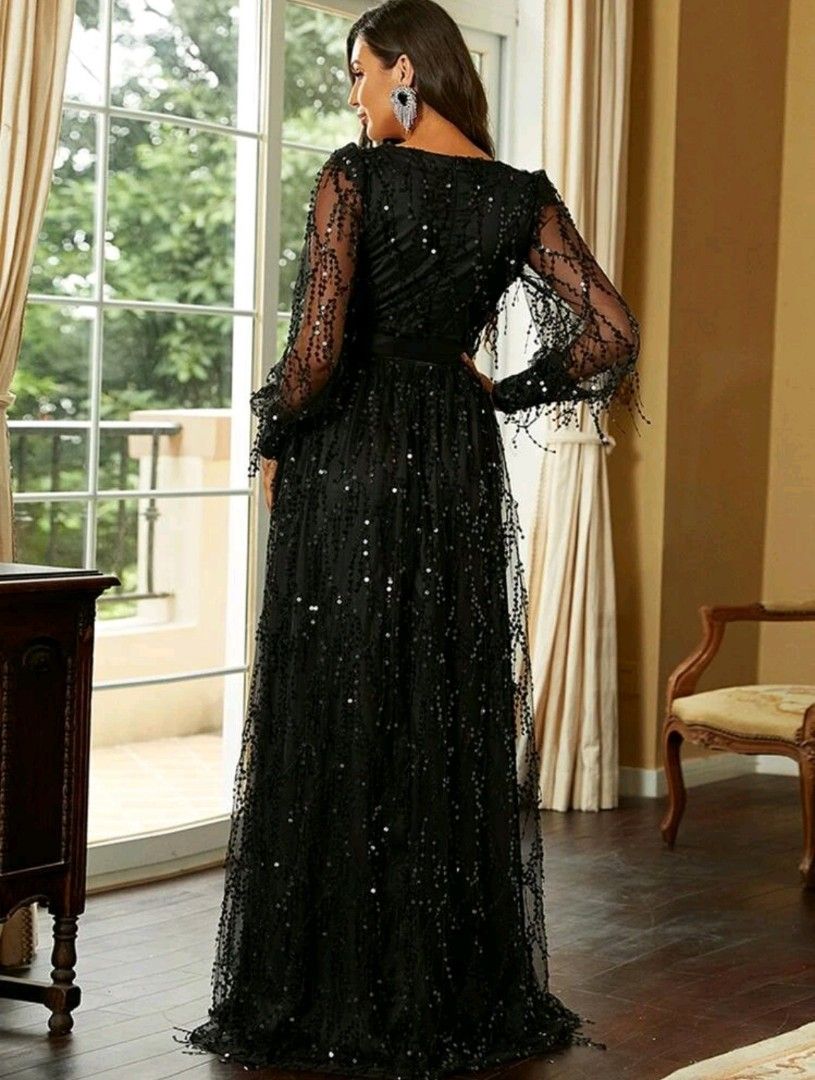 Plunge lantern sleeve outlet pleated slit evening dress