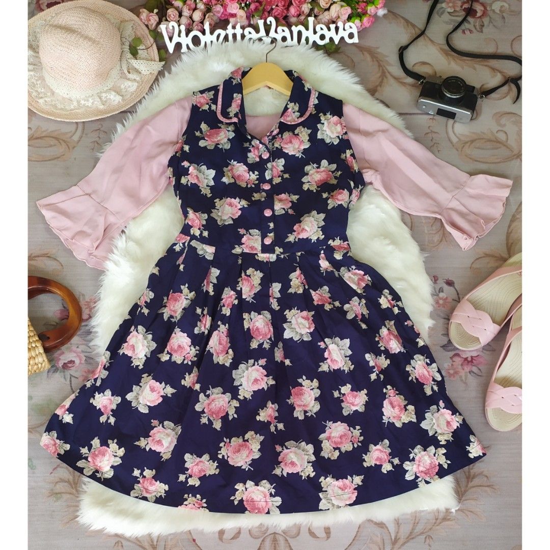 One set navy blue biru shabby flower rose vintage overall collar