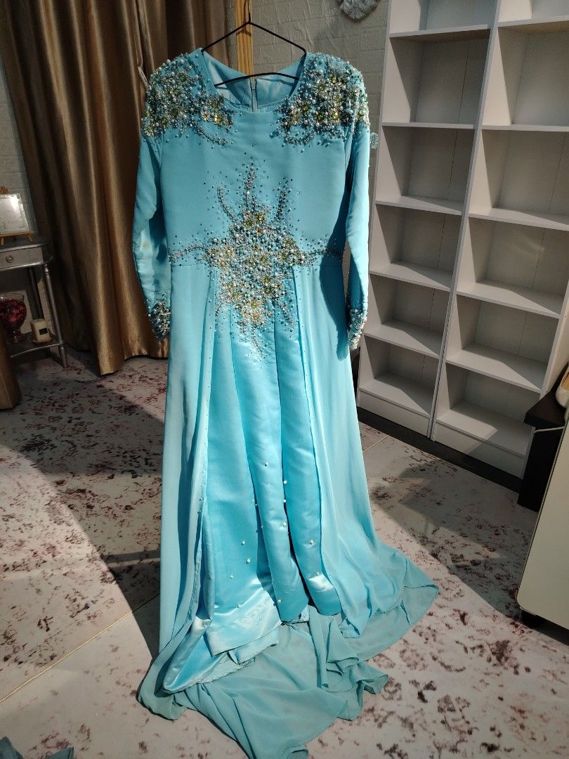 Sky blue neon blue princess chiffon dress exclusive design simple modern style with back drapes baju nikah tunang event dinner murah
