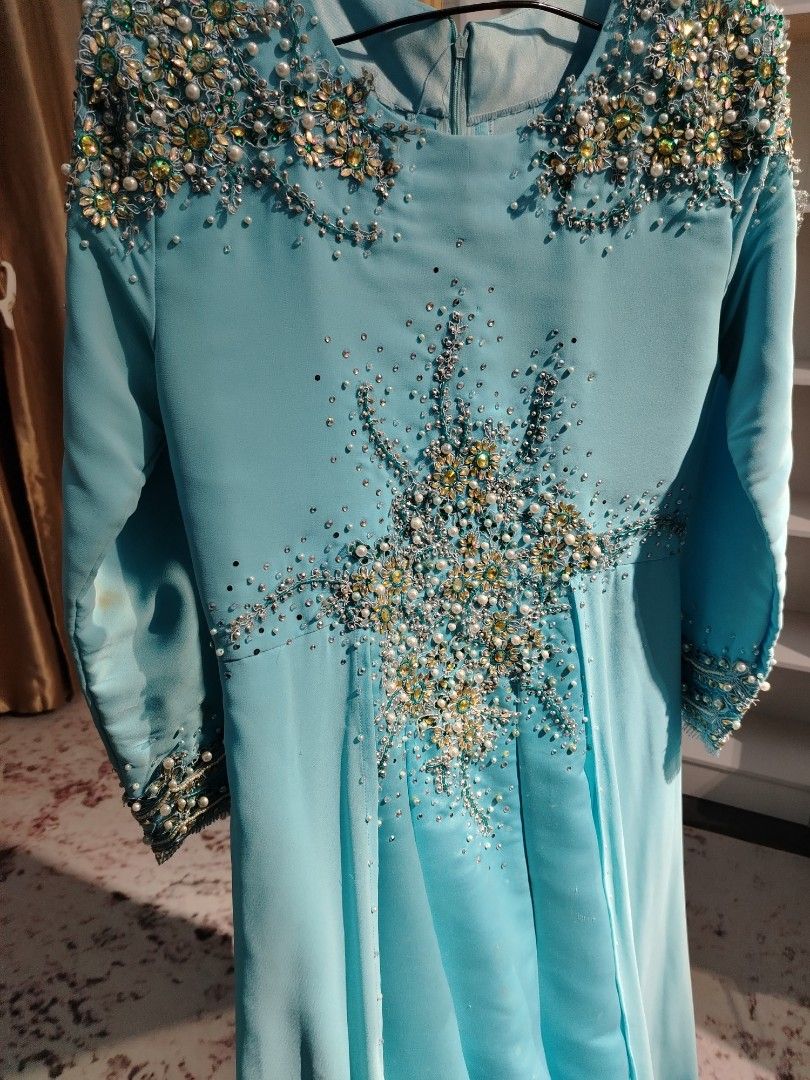 Sky blue neon blue princess chiffon dress exclusive design simple modern style with back drapes baju nikah tunang event dinner murah Women s Fashion Dresses Sets Dresses on Carousell